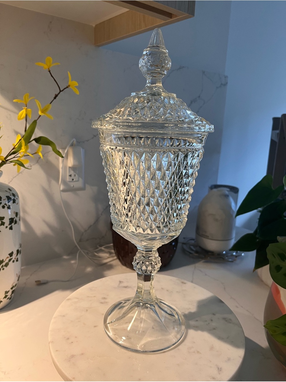 Vintage Pressed Glass Pedestal Candy Jar Compote with Lid Diamond Pattern